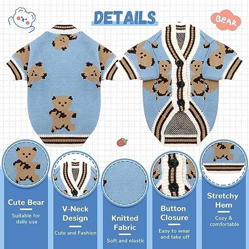 ABRRLO Small Dog Sweaters Cute Bear Dog Cardigans Clothes for Small Medium Dogs Boy Girl Puppy Cat Knitting Cardigan Outfits Dogs Autumn Coats Warm Pet Doggy Clothes Soft Knitwear Apparel (Blue,M)