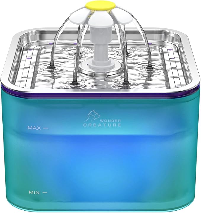 Wonder Creature Crystal Cat Water Fountain Stainless Steel Lid, 101oz/3L | Pet Fountain with Transparent Base, Quiet Pump, LED Indicator Light, Triple Filtration, 3 Flow Modes for Cats and Dogs