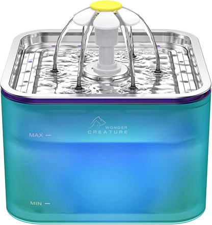 Wonder Creature Crystal Cat Water Fountain Stainless Steel Lid, 101oz/3L | Pet Fountain with Transparent Base, Quiet Pump, LED Indicator Light, Triple Filtration, 3 Flow Modes for Cats and Dogs