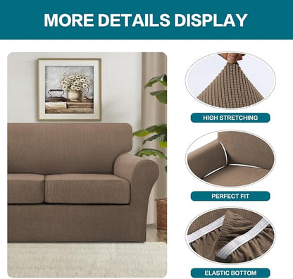 Turquoize 3 Piece Sofa Covers for 2 Cushion Couch Sofa Slipcover Soft Couch Cover for Dogs-Washable Sofa Furniture Cover with 2 Individual Cushion Covers, Feature Fabric (2 Cushion Sofa, Macchiato)