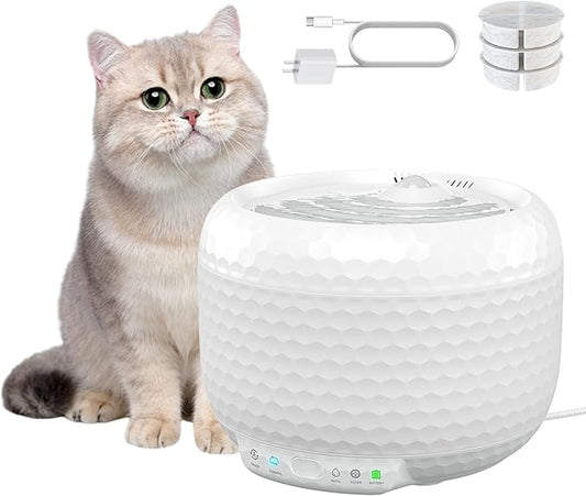 Automatic Cat Water Fountain, 62oz/1.8L Pet Water Fountain with Ultra Quiet Pump, Small Cat Fountain with Two Flow Modes, Includes 3 Filters (White, ABS)