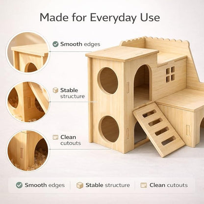 Tiny Hamster Maze Wood House Fun Slide House Double-Decker Hut for Dwarf Gerbil Mouse Mice Rat Small Animals(Only for Small Hamster)
