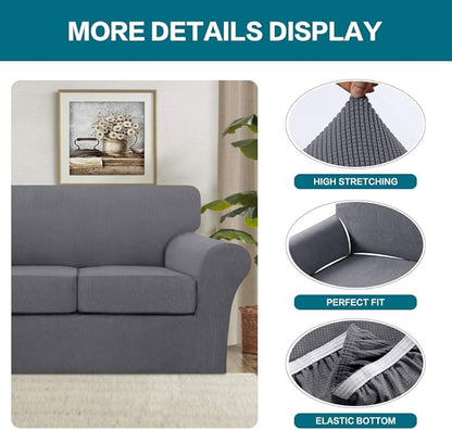 Turquoize 3 Piece Sofa Covers for 2 Cushion Couch Sofa Slipcover Soft Couch Cover for Dogs-Washable Sofa Furniture Covers with 2 Individual Cushion Covers, Feature Thick Fabric (2 Cushion Sofa, Gray)