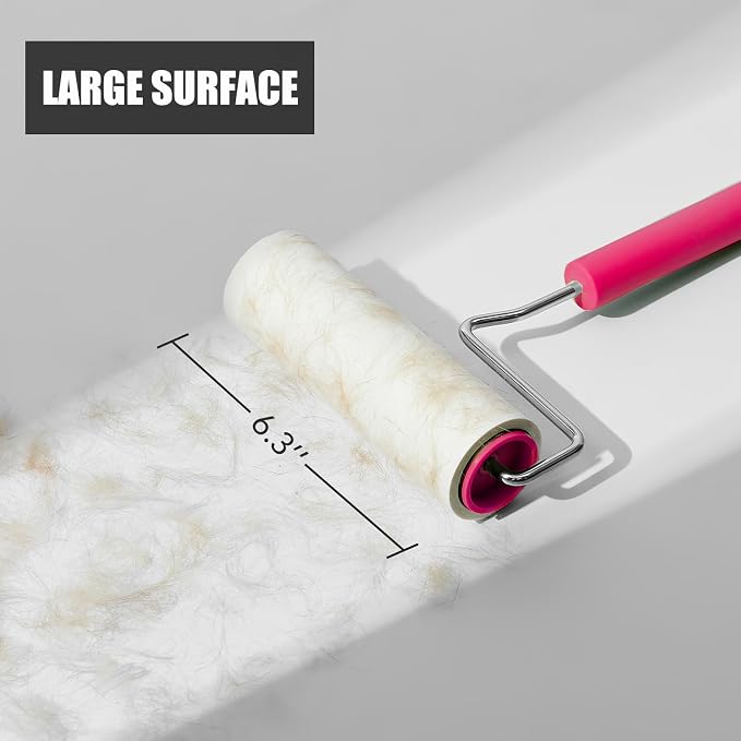 Extra Sticky Large Surface Lint Roller, 6.3''Wide Roller for Pet Hair | Long Handle Lint Remover for Couch, Furniture, Clothes, Dog & Cat Hair Remover (1 Roller+360 Sheets(Pink))
