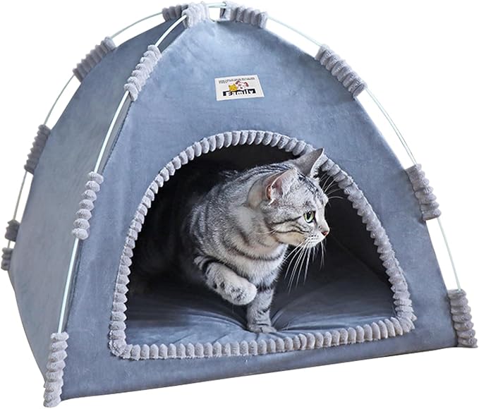 Indoor Outdoor Pet Tent Cat Cave House Portable Easy Assembly Cat Bed Cave with Warm & Cozy Pad Lightweight Durable Washable Shelter for Cats Small Dogs Puppies and Other Small Animals-Dark Gray