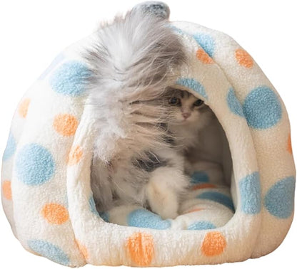 Cat Polka Dot Yurt Bed, Plush Warm Semi-Enclosed Cave Hideaway, Soft Comfy House for Indoor Kitten (Blue,Large)