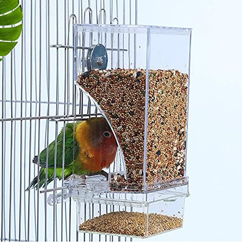 kathson No-Mess Bird Feeder Parrot Integrated Automatic Feeder Seed Food Container Acrylic Finch Foraging Feeders with Perch Cage Accessories for Small Birds Parakeet Canary Cockatiel Lovebirds