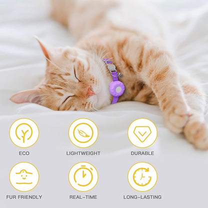 Cat Tracker Collar,No Monthly Fee Cat Tracker Works with Apple Find My App(Only iOS),GPS Tracker for Cats,Real-Time Location Pet Tracking|Safety Collar and Tracker Holder Included-Purple