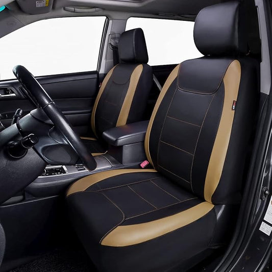 Flying Banner car seat Covers Protects Water Proof Faux Leather Carbon Fiber Front and Rear Bench (Black Beige, Full Set - 8PCS)