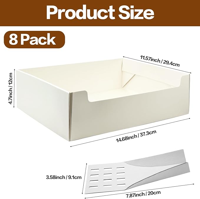 8 Pack White Disposable Litter Boxes for Cats, 14.8 Inch Foldable Paper Kitty Tray with Scoop, Waterproof Cardboard Travel Litter Box for Cats Small Pets - Low Entry