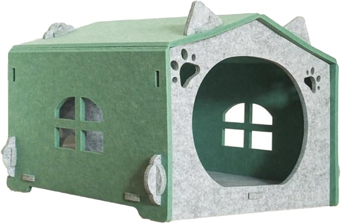 Removable Folding Model Cat Cottage Cat Bed, All Season Useful Litter Box, Fun for Cats or Dogs, The Peekaboo Foldable Felt Cat Cave and Cube for Small Medium Large Cats, Green