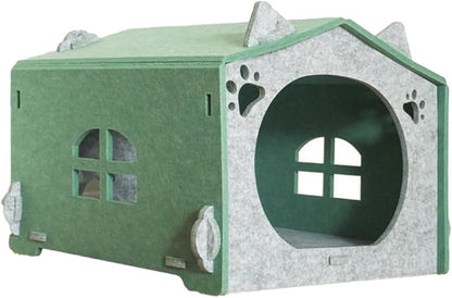 Removable Folding Model Cat Cottage Cat Bed, All Season Useful Litter Box, Fun for Cats or Dogs, The Peekaboo Foldable Felt Cat Cave and Cube for Small Medium Large Cats, Green