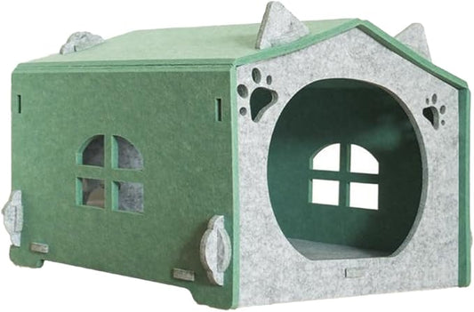 Removable Folding Model Cat Cottage Cat Bed, All Season Useful Litter Box, Fun for Cats or Dogs, The Peekaboo Foldable Felt Cat Cave and Cube for Small Medium Large Cats, Green