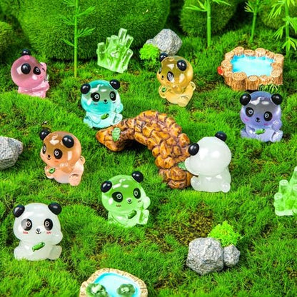18PCS Luminous Mini Resin Panda Figurines with 2 Bamboos for Dollhouse