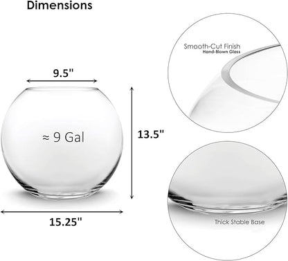CYS EXCEL Large Glass Bubble Bowl (H-13.5" W-15.25", Approx. 9 Gal.) Round Bowl Terrarium Globe Flower Vase Centerpiece for Weddings Events Arrangements
