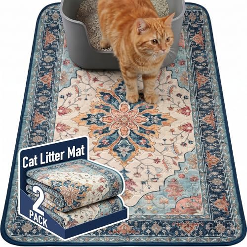 Hompet Cat Litter Mat 2 Pack, 24x36 Large Machine Washable Trapping Mats for Cats, Super Absorbent & Urine-Proof Cat Litter Box Mat for Floor, Waterproof & Non Slip Kitty Litter Rug