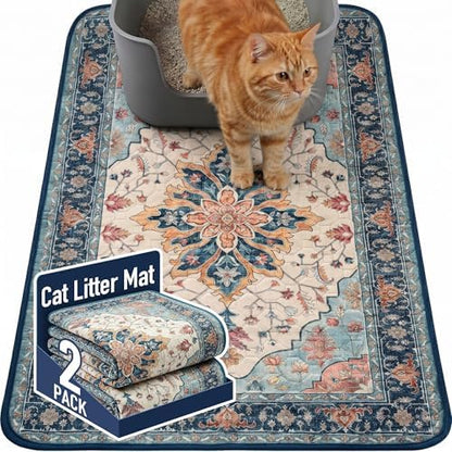 Hompet Cat Litter Mat 2 Pack, 24x36 Large Machine Washable Trapping Mats for Cats, Super Absorbent & Urine-Proof Cat Litter Box Mat for Floor, Waterproof & Non Slip Kitty Litter Rug