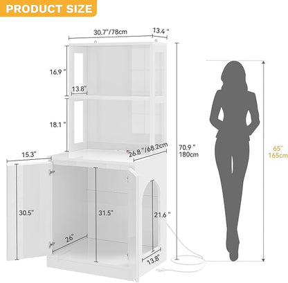DWVO Large Hidden Litter Box Furniture with Shelves & Charging Station, High-Gloss Modern Cat Litters Box Enclosure for Self-Cleaning Litter Boxes, Wooden Secret Cat Cabinet, White