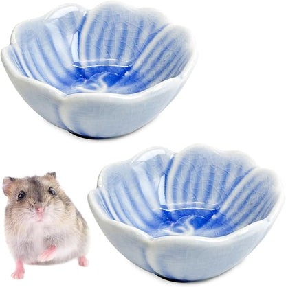 BNOSDM 2 Pcs Hamster Ceramic Food Bowl Flower Series Gerbil Drinking Bowls Anti-Turning Food & Water Dish for Dwarf Syrian Hamsters Gerbil Chinchilla（Blue, Narcissus Pattern）
