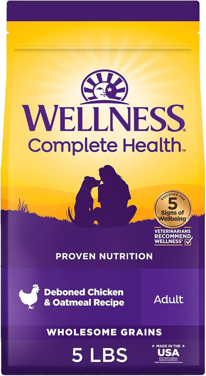 Wellness Complete Health Adult Dry Dog Food, Wholesome Grain Kibble, Natural, Chicken and Oatmeal Recipe, 5 lb Bag