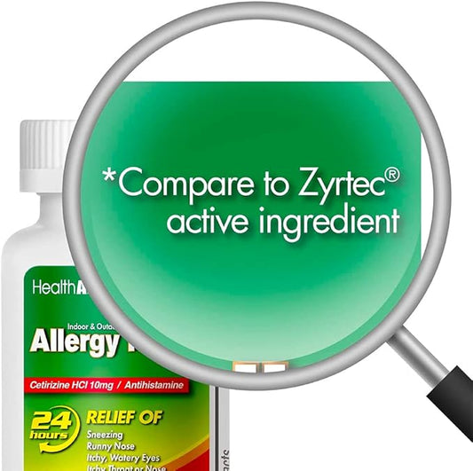 HealthA2Z® Allergy Relief, Cetirizine 10mg, All Day Allergy Relief, Indoor & Outdoor Relief from Itchy Throat, Sneezing, Runny Noses, 60 Count (Pack of 1)
