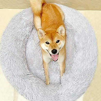 Plush Calming Donut Dog Bed for Small to Medium Dogs, 28 Inch Round Pet Bed