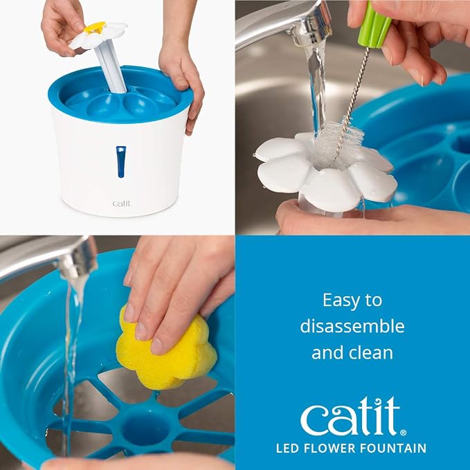 Catit LED Flower Fountain with Triple Action Filter, 3 L, Blue | Cat Drinking Water Fountain