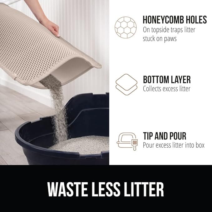 GORILLA GRIP Honeycomb Cat Litter Box Mat, Two Layer Trapping Waste Mats, Soft On Paws, Litter Box Supplies and Essentials for Indoor Cats, Traps Excess, Water Resistant for Floors, 30x24 Beige