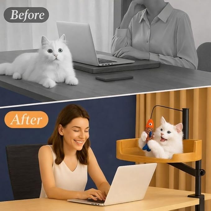 Cat Desk Bed with Fish Toy, Cat Bed for Desk, 360° Rotating & Height Adjustable Cats Hammock, Raised Cats Beds Hammock, Pet Office Chair Attachment
