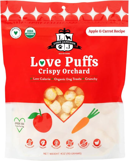 Lord Jameson Crispy Orchard Light & Crunchy Love Puffs - Apple & Carrot Dog Treats, Low-Calorie, Low-Sugar, Gluten & Preservative-Free, USDA Certified Organic - Made In USA 4 oz