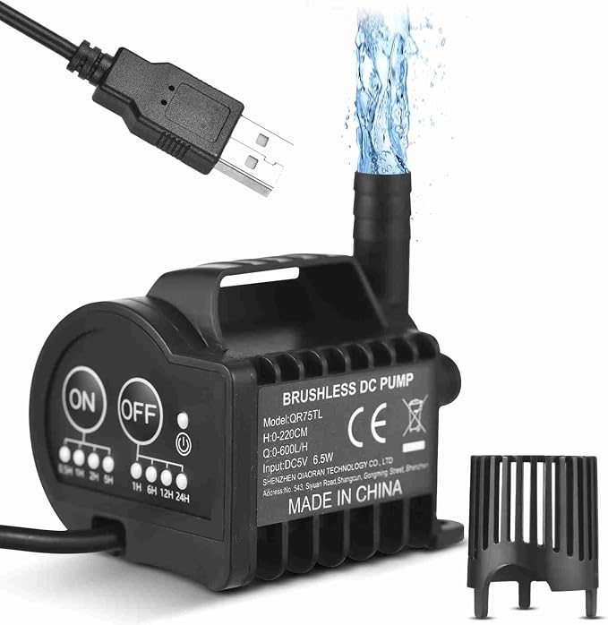 Mini Submersible Pump, Quiet Small Fountain Pump USB Charging Pond Pump for Fish Tank Aquarium Pet Drinking (QR70TL) (QR75TL)