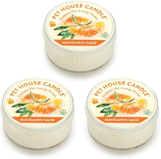 Pet House Mini Candles for Pet Odor Made with Natural Soy Wax, Plant Based, Dog and Cat Friendly Scented, Mandarin Sage Pack of 3