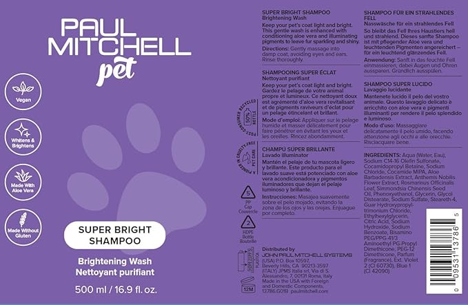 Paul Mitchell Pet Super Bright Shampoo, Brightening Wash, Whitening Dog Shampoo, 16.9 fl. Oz