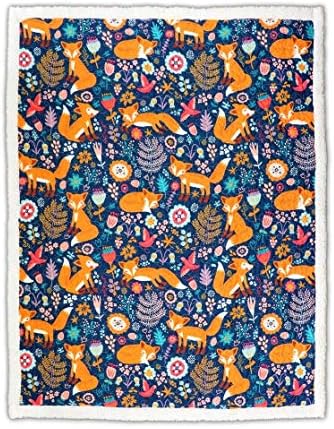 Lush Decor Pixie Fox Sherpa Throw Blanket 50”W x 60"L Navy & Orange - Sherpa Blankets - Toddler Blanket For Bed - Navy Girls Room Decor - Floral Throw