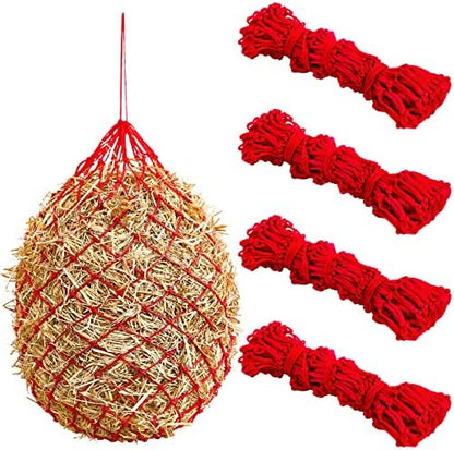 Fabbay 4 Pcs Slow Feed Hay Net Feeder Hay Bag for Horses Slow Feeder 40 Inch Length with 2 Inch Holes Hanging Horse Feed Net for Goat Cattle Equine Stalls Barn Supplies(Red)
