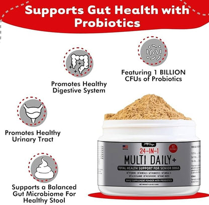 iHeartDogs 24-in-1 Senior Multivitamin Daily+ Total Health Support Powder with Probiotics, Omega-3, Glucosamine, Mushrooms & Bone Broth- 60 Servings