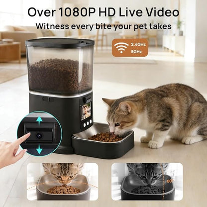 5L Automatic Cat Feeder with Camera, Two-Way Video 3MP HD & Audio, 5G WiFi Automatic Dog Feeder with Night Vision, Cat Food Dispenser with Dog Food Container for Multiple Pets
