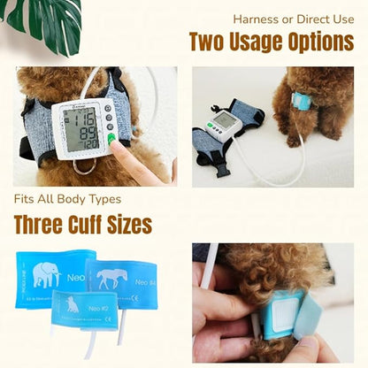 Wearable Pet Blood Pressure Monitor for Cats & Dogs, Automatic Oscillometric Veterinary BP & Heart Rate Monitor, 3 Adjustable Cuffs 4.2–15cm, Dual-User 120 Memory, Portable Home & Vet Clinic Use
