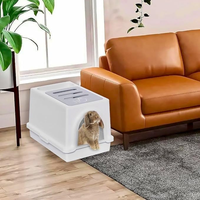 HOP Rabbit Litter Box, Less Mess with Built-in Hay Feeder Designed for Rabbits/Bunnies. Includes Removable Cover and Pan. BPA-Free and Dishwasher Safe. Cat, Guinea Pig and Chinchilla Friendly Too.
