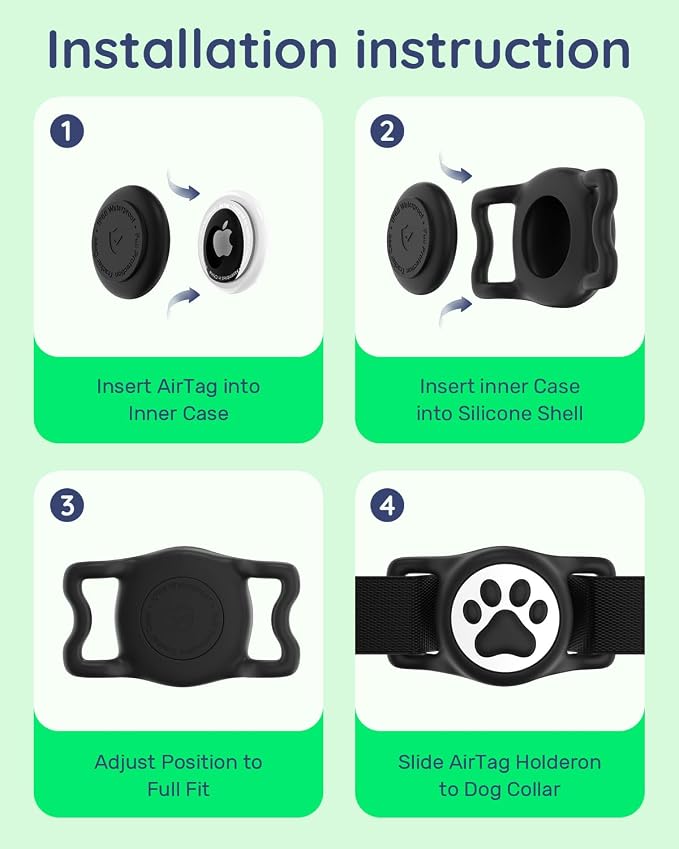 IP68 Waterproof Dog AirTag Holder for Dog Collar, Soft, Stretchy Silicone | Full-Body Protection, Easy Tool-Free Installation, Quiet, No-Dangle Fit, Lightweight, Fits Dog & Cat Collars of All Widths