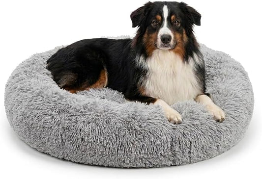 Active Pets Premium Large Donut Dog Bed, Fits Up to 100 lbs, Removable Cover & Washable Cushion, Plush Long Pile Faux Fur Fabric, Portable Dark Grey Pet Bed Furniture for Big Adult Canines & Cats