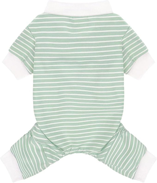 Paiaite Green Striped Dog Pajamas: 4-Legged Cotton Stretchable Jumpsuit Pjs - Lightweight Cozy Puppy Onesie Clothes, Comfortable Pet Sleepwear for Hair Shedding Coverage XS