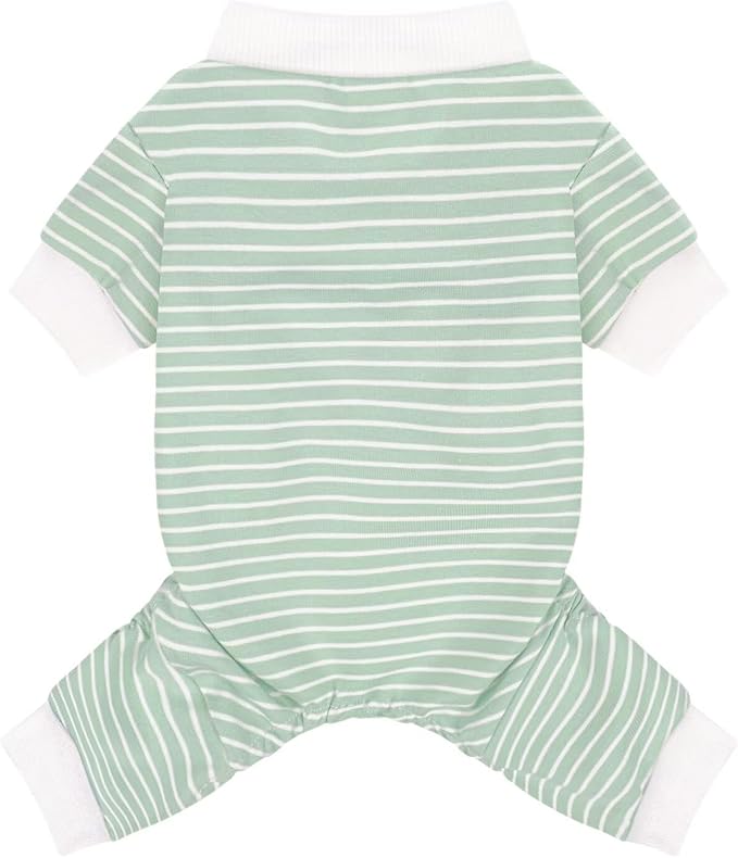 Paiaite Green Striped Dog Pajamas: 4-Legged Cotton Stretchable Jumpsuit Pjs - Lightweight Cozy Puppy Onesie Clothes, Comfortable Pet Sleepwear for Hair Shedding Coverage L
