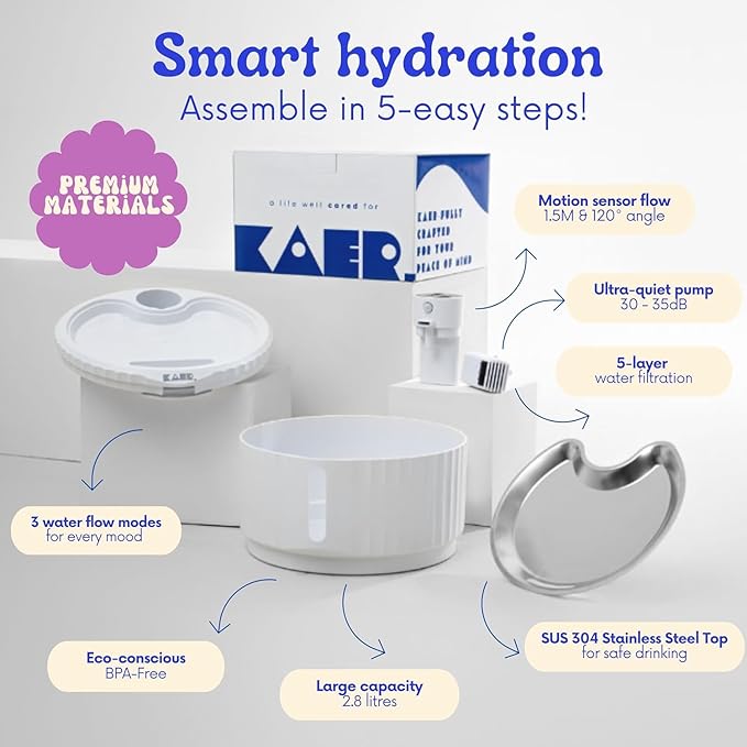 KAER Wireless Cat Water Fountain, 2.8L, Battery Operated, BPA-Free, Stainless Steel, Ultra-Quiet Pet Fountain with 3 Water Flows & Smart Motion Sensor, Aesthetic Bowl, 5-Layer Filtration, 4000mAh