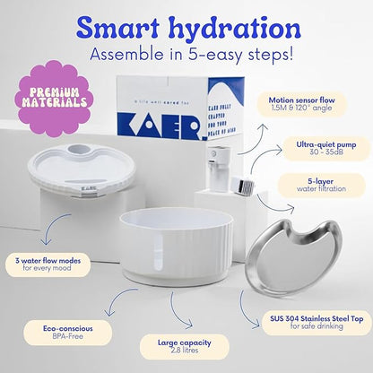 KAER Wireless Cat Water Fountain, 2.8L, Battery Operated, BPA-Free, Stainless Steel, Ultra-Quiet Pet Fountain with 3 Water Flows & Smart Motion Sensor, Aesthetic Bowl, 5-Layer Filtration, 4000mAh