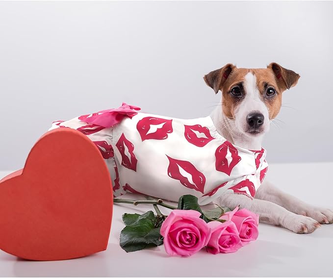 Valentines Day Dog Dress S, Cute White Pet Dress with Red Lip and Pink Bow, Stylish Pet Outfit for 6-7 lbs Dogs and Cats, Romantic Holiday Clothing