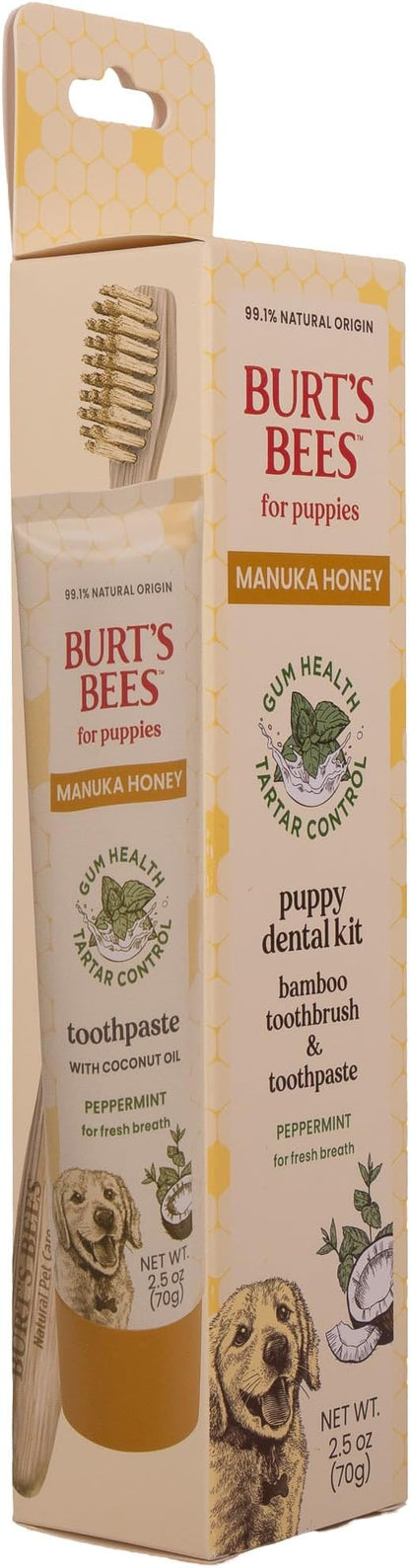 Burt's Bees for Pets Dental Kit for Puppies with Bamboo Toothbrush & Toothpaste with Manuka Honey & Coconut Oil for Gum Health & Tartar Control, 99.1% Natural Origin Formula, Peppermint, 2.5 oz