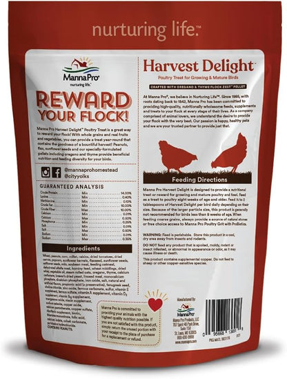 Manna Pro Harvest Delight Poultry Treat, Whole Grain & Seed Mix with Fruits & Vegetables, 14% Protein Snack for Chickens, Ducks & Mixed Flocks, 2.25 lb