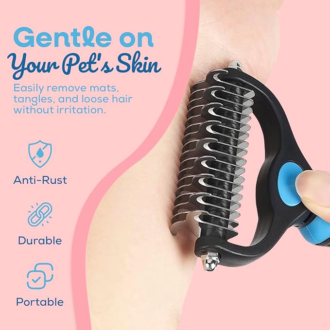 Sinko Deshedding Dog and Cat Brush, Dematting Comb with Extra Wide Double-Sided Stainless Teeth for Detangling, Deshedding, Brushing & Removing Shed Fur, Knots, Mats, and Tangles in Pets (Blue)