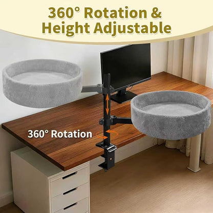 Cat Desk Bed,360° Rotating & Height Adjustable Desk Cat Bed,Space Saving Modern Indoor Cats Nest Furniture Cozy Faux Fur Pet Nest Perch Hammock for Various Desktops,15.7" L*15.7" W*16.9" H,Grey